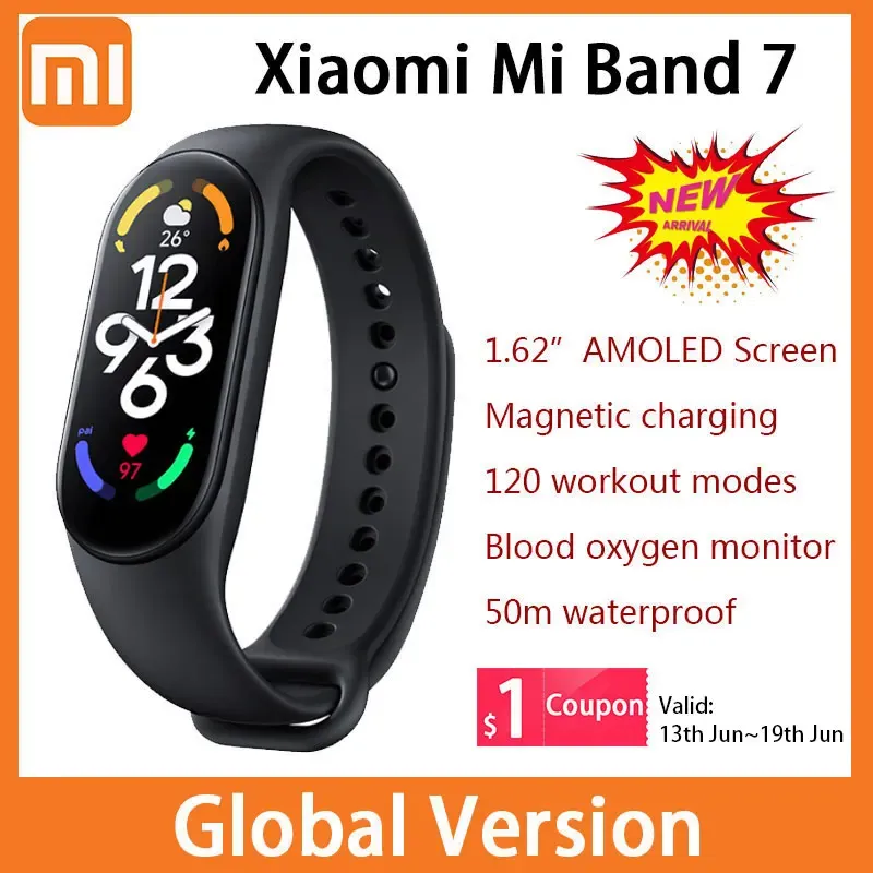 Appareils Xiaomi Mi Band 7 Version mondiale 1.62 "AMOLED Smart Sports Band charge magnétique 5ATM étanche surveillance de l'oxygène dans le sang miband7