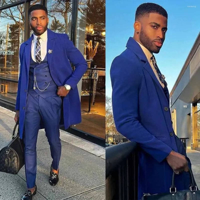 Ternos masculinos de luxo azul outfits 3 peça jaqueta calças colete longo blazer único breasted notch lapela negócios inteligente casual conjunto completo