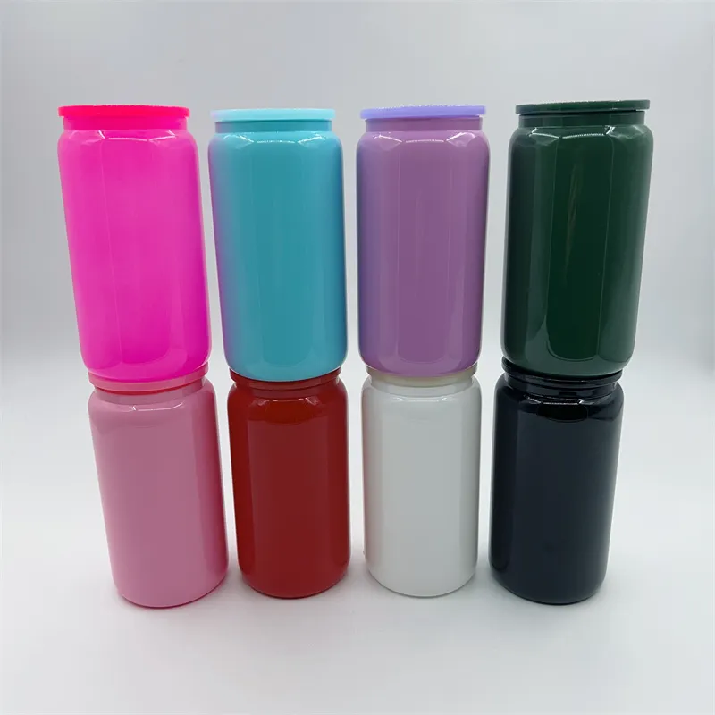 Colorful 16oz Sublimation Blanks Glass Cups Solid Glossy Tumbler Juice Jar Can Iecd Beverage Beer Can Glass Drinking Cup Coffee Mugs With Plastic Lids & Straws