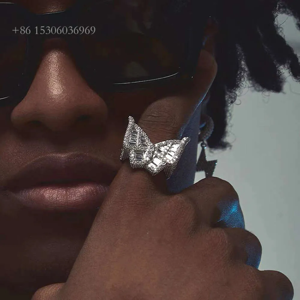 Beliebtes Design Hip Hop Großhandel Iced Out VVS Moissanit Diamant Schmetterling Sterling Silber High Jewelry Ring