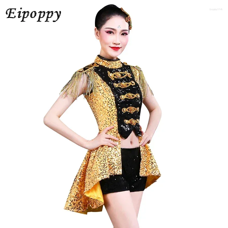 Scene Wear Modern Dance Costume Jazz Drum-spelande Dovetail Sequined Nightclub Adult Tassel Dancing Dress