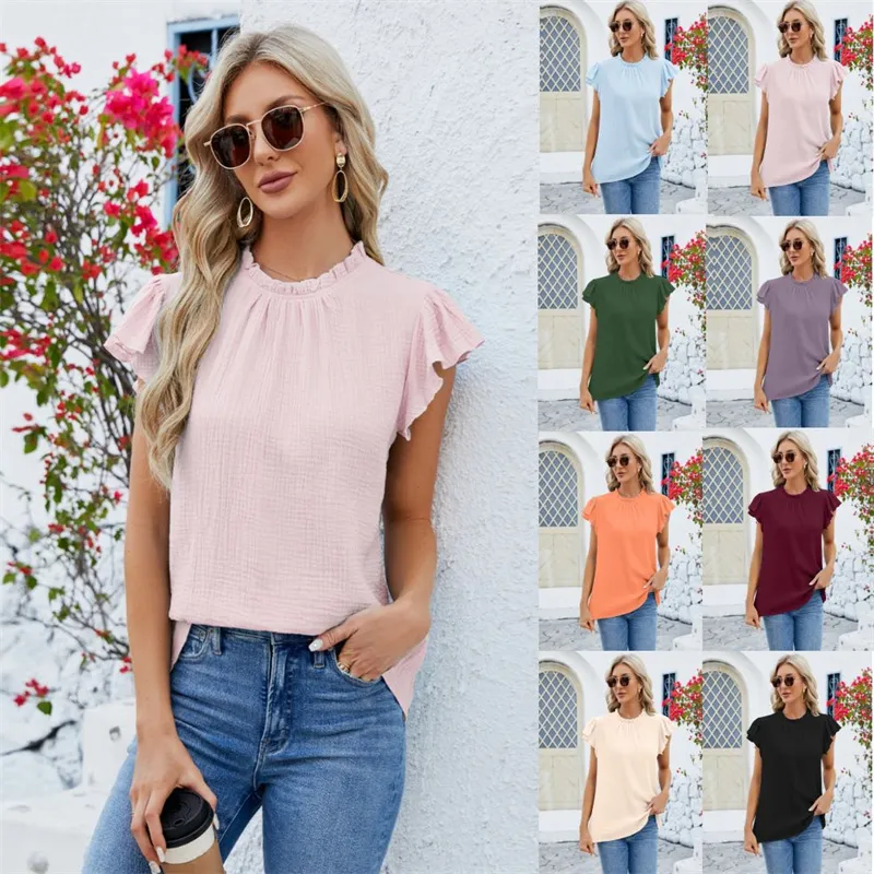 Camisetas de moda para mujer, camisetas de manga con volantes de colores sólidos, camisas de manga corta de verano, ropa informal para mujer 2024