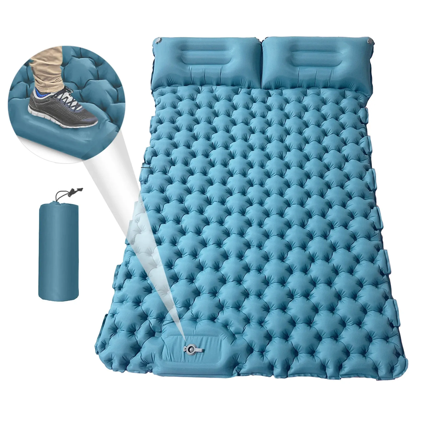 Matelas pneumatique pour 2 personnes pour camping en plein air, sac à dos, 196 x 125 x 9 cm, tapis de couchage avec oreiller à air, gonflement rapide