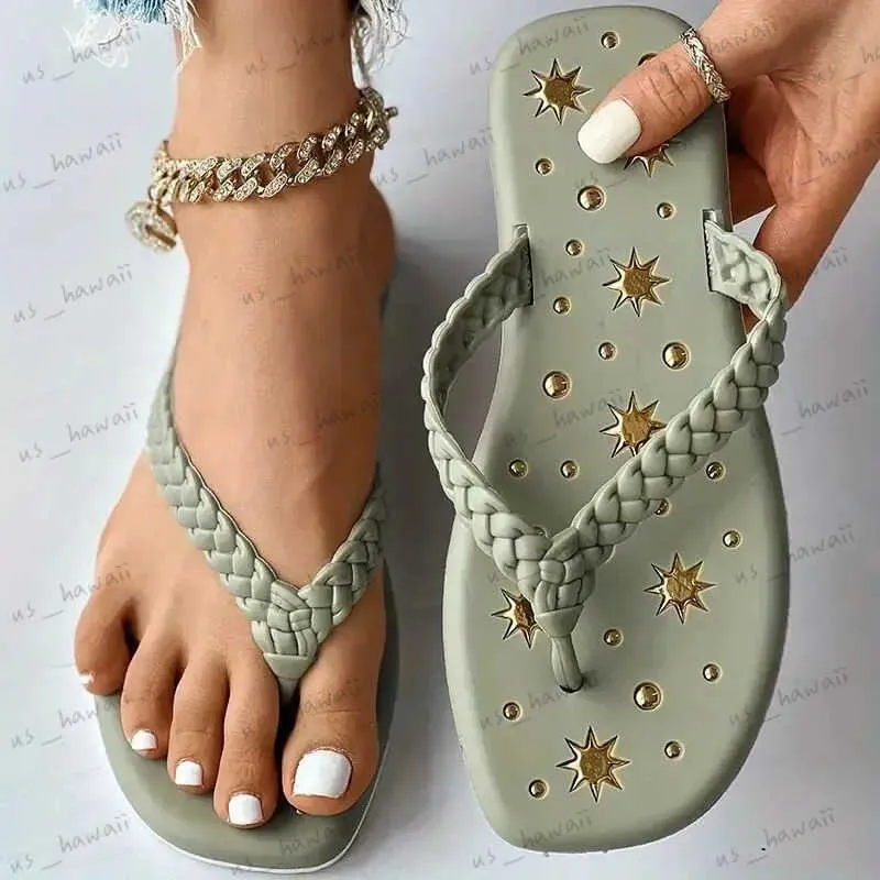 Sandalias para mujer Correa trenzada Chanclas planas Sandalias Mujer Moda Punta abierta Diapositivas antideslizantes Zapatos al aire libre Beac T240302