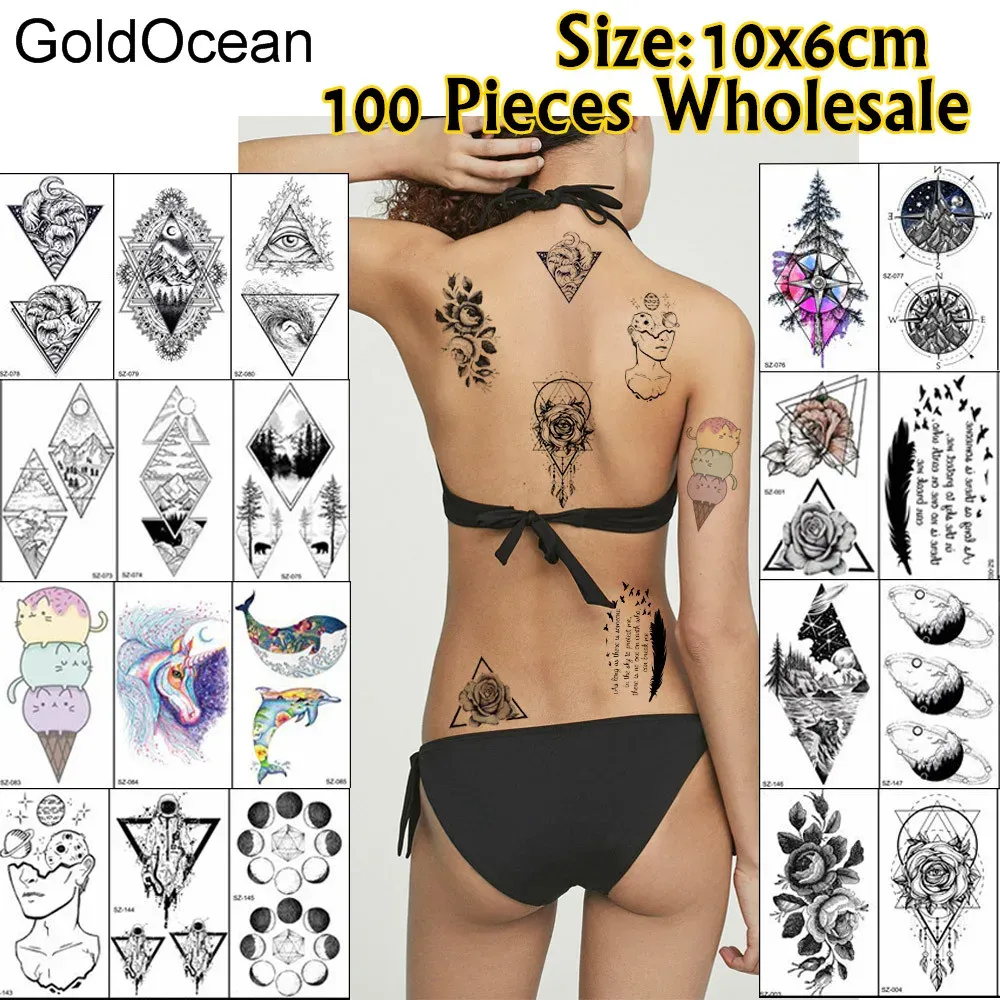 Tattoos 100 Pieces Wholesale 10x6cm Fake Temporary Tattoo Triangle Planet Body Art Tatoo For Men Women Waterproof 3D Flower Tattoo Paste