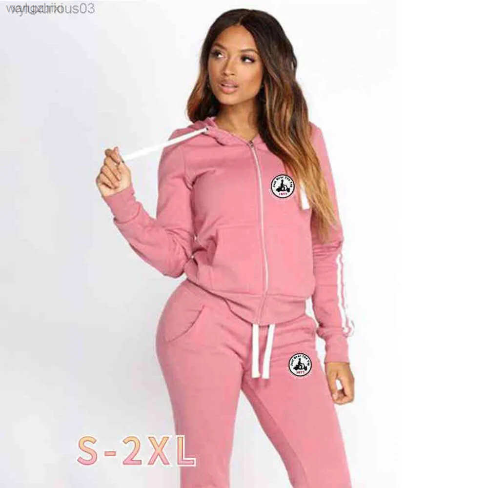 2024 Winter Ladies Jott Printed Hooded Zipper Set Two-piece Pure Color Windproof Street Trend Women Ensemble Jogging Female