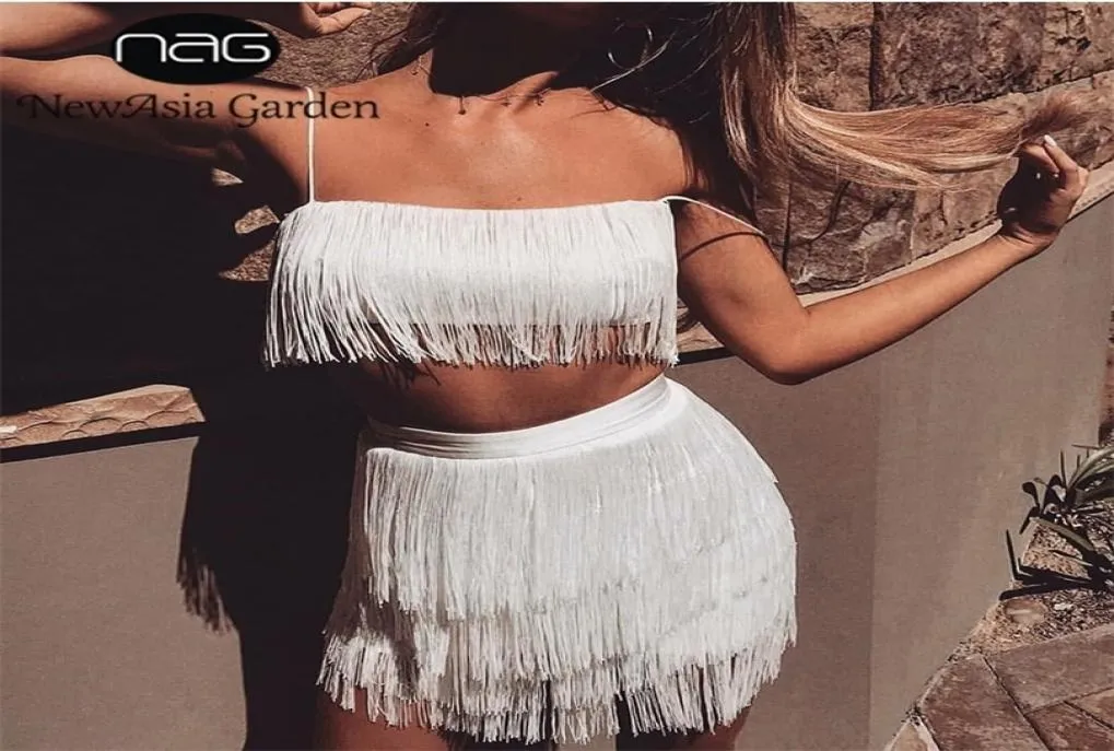 Newasia Garden Two Piece Set Summer Fringed 2 Piece Set Women Tassel Crop Top och kjol Set Sexiga kläder för kvinnor Matchning Sets3851368