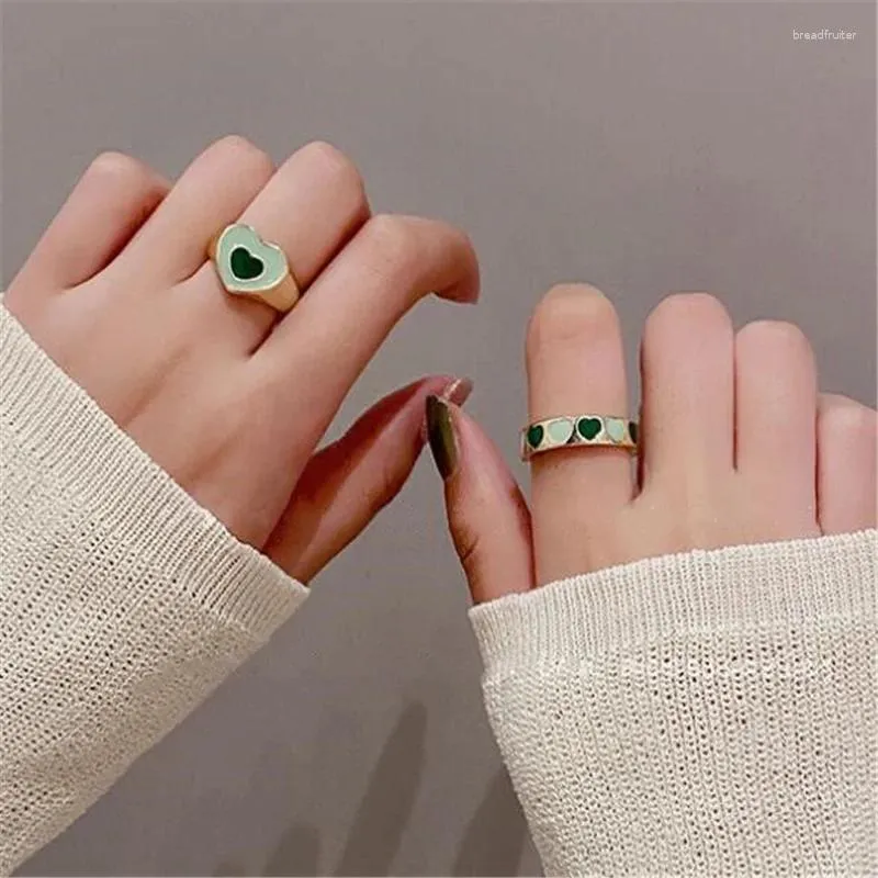 Кольца кластера, простой темперамент, эмаль, зеленая смола, открытое кольцо в форме сердца, элегантное кольцо из 2 предметов, комплект ювелирных изделий на палец, очаровательный женский подарок для вечеринки