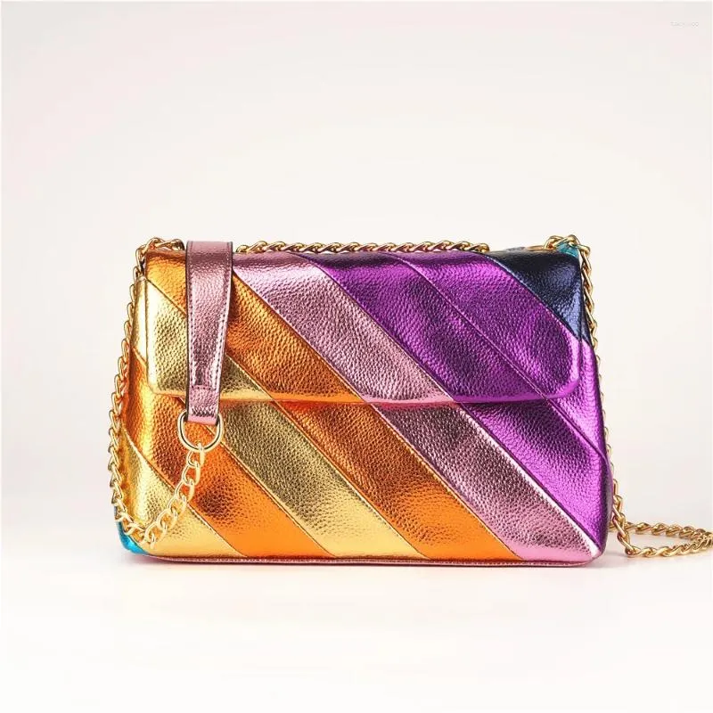 Bolsas de noite Colagem Colorida Listra de Metal Versátil Bolsa de Ombro Moda Feminina Flip PU Couro Crossbody