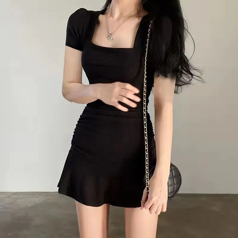 ドレスMexzt Ruched Black Dress Women Women Square collar Slim Mini Dress Summer Korean Fashion Folds Ruffles Bodycon Sundress