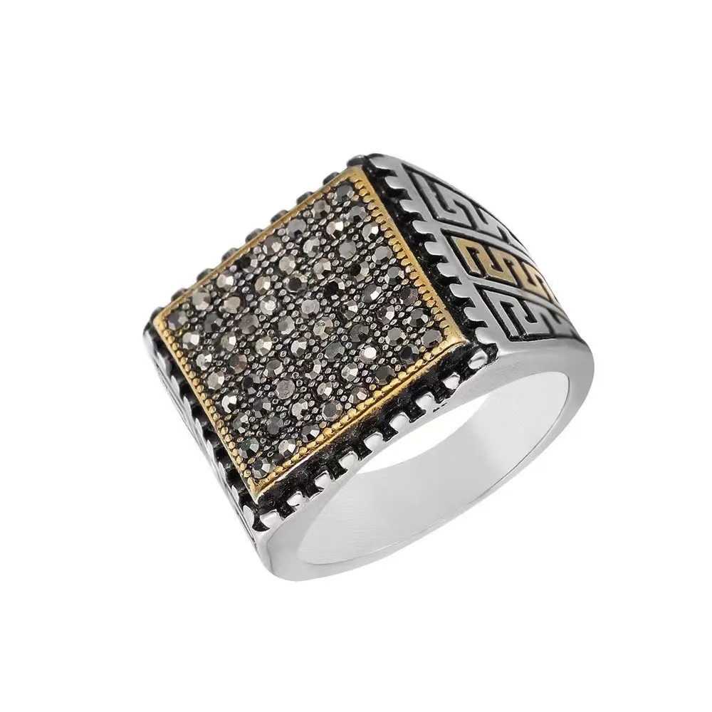 Bague pour hommes incrustée de diamants avec carré en acier titane motif grande muraille mode bague rétro taille 8/9/10/11/12