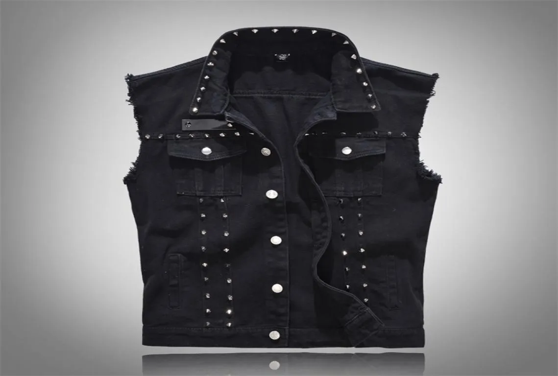 Новый 2020 джинсовый жилет для мужчин в стиле панк-рок с заклепками ковбойский черный джинсовый жилет модный мужской мотоциклетный стиль джинсовая куртка без рукавов M LJ2015369139