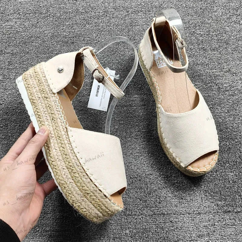 Sandaler sammetskor med hög häl sandal för kvinnor öppen tå kostym kvinnlig beige stor storlek trög kil muffins sko spännband mocka me me t240302