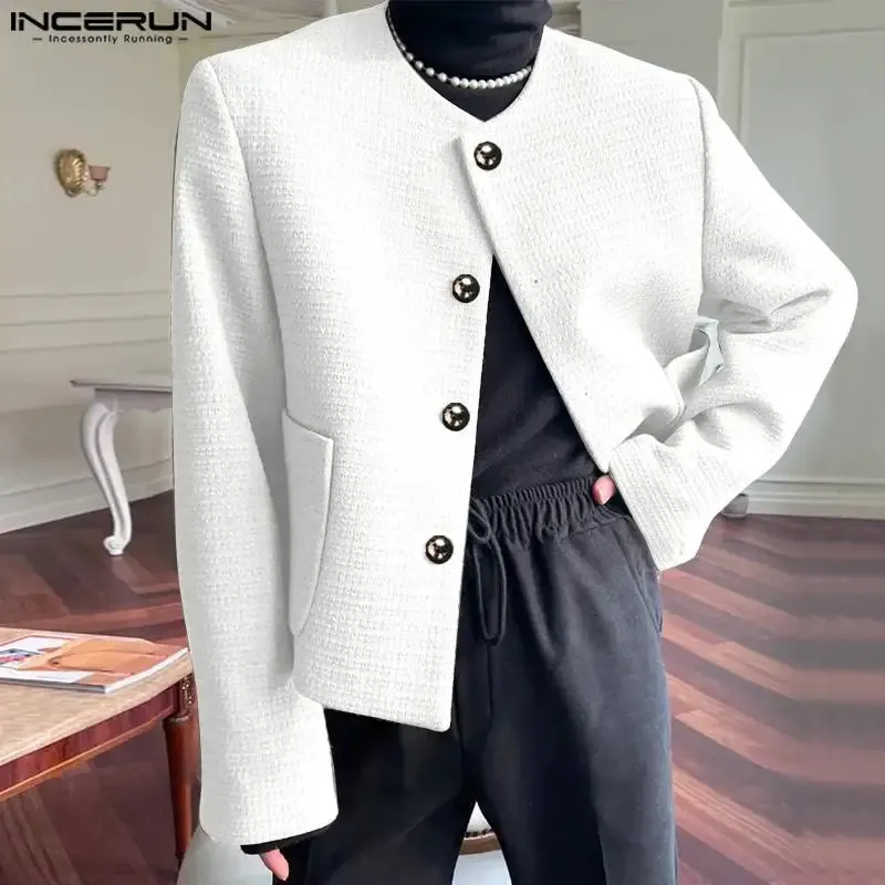 INCERUN Men Blazer Solid Oneck Long Sleeve Button Fashion Casual Suits Pockets Elegant Streetwear Unisex Coats S5XL 240223