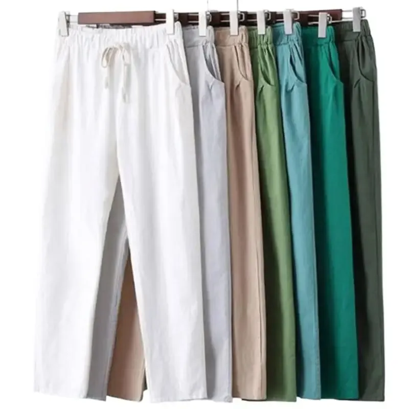 Calças femininas verão algodão linho calças pantalon laranja traf spodnie damskie harem calças plus size calças femininas jogger mujer