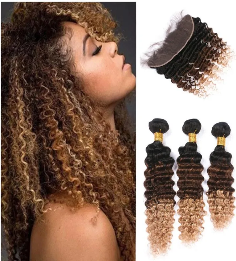 Ombre 1B 4 27 Honey Blonde Deep Wave Virgin Brasilianska Human Hair Bunds With Lace Frontal Stängning Tre ton Ombre Curly Hair Wef6901361