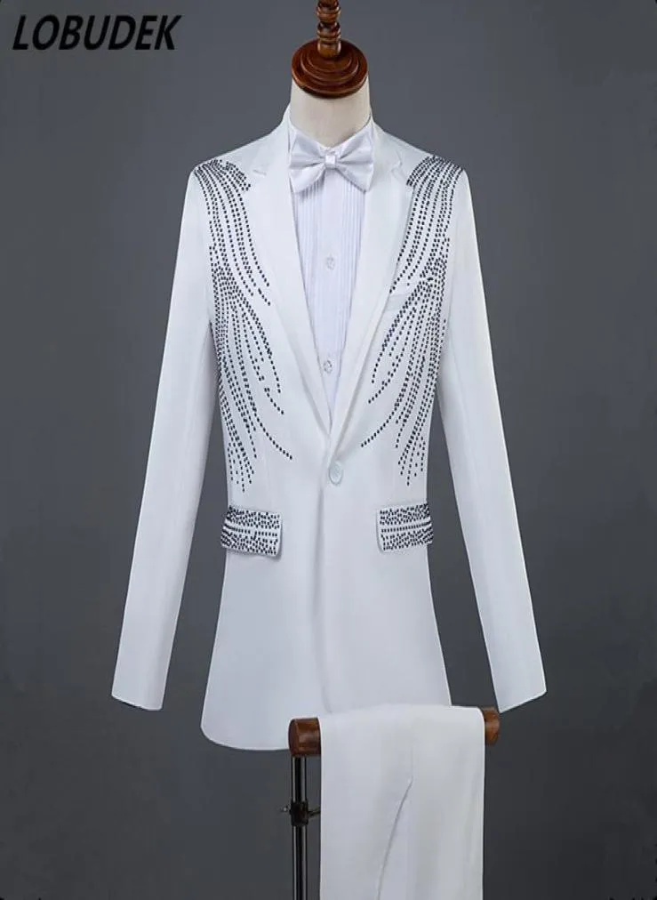 Men Formal Suits Crystals Slim Blazers Pants Suit Vocal Concert Singer Chorus Performance Costume Wedding Master Prom Compere Stag2496941