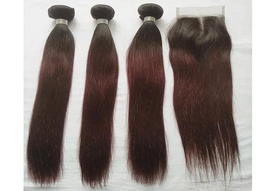 T 1B 99J ombre färgade hårbuntar med stängning Dark Wine Straight Human Hair 3 Bunds med 4x4 Middle Part Lace Closure Extensi1741120