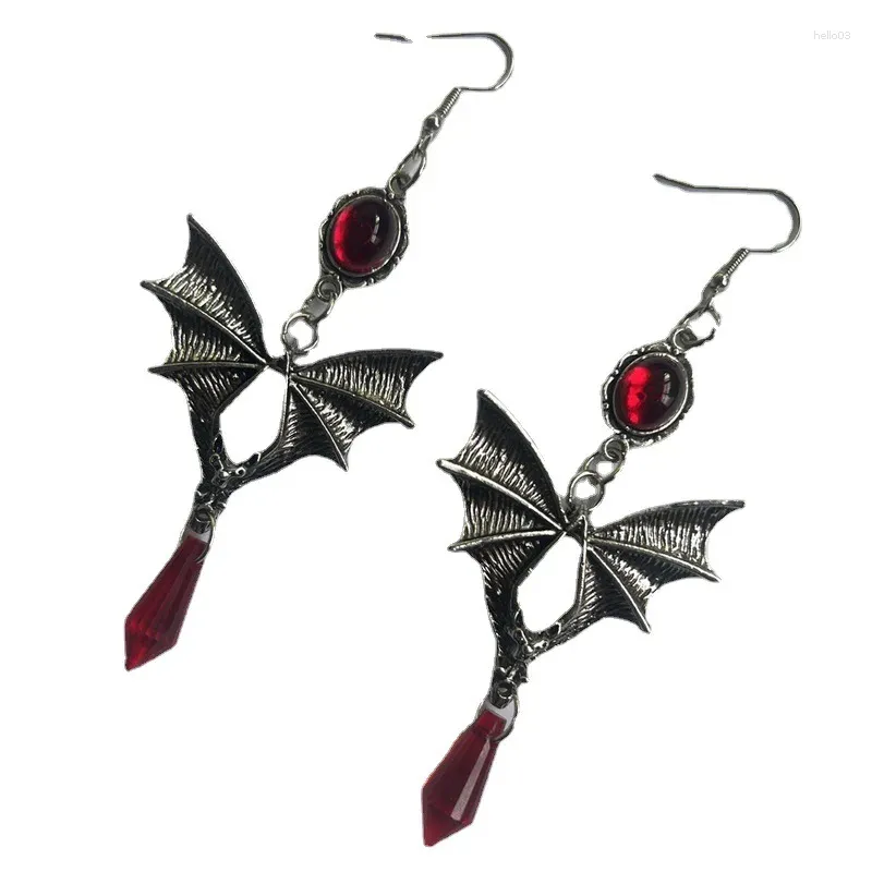 Brincos pendurados moda estilo punk joias para mulheres morcego gótico preto vermelho gotejamento óleo pentagrama rubi pingente brinco presente
