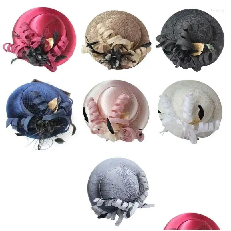 Hårklämmor Barrettes Hårklipp Y1ub Kvinnor Fascinatorer Pillbox Hat Lace Jacquard Mini Feather Top Cocktail Drop Delivery Smycken HA DHRBG