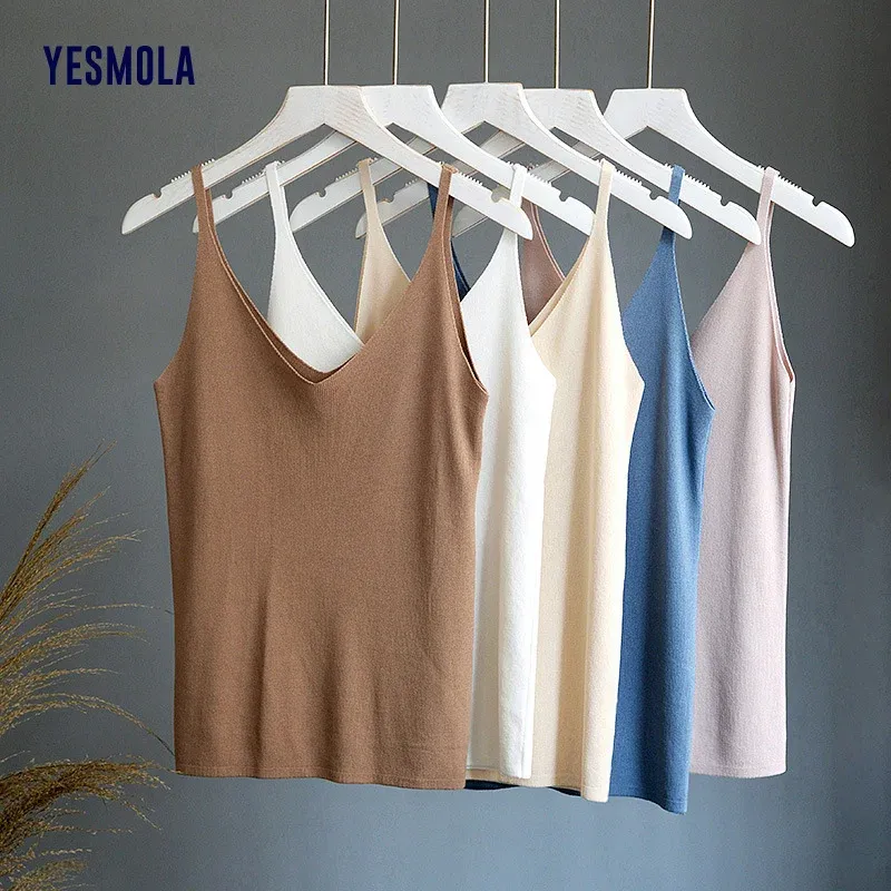 Camis YESMOLA Women Sling Ice Silk Thin Vest Women Knitted Vest Vneck Solid Sleeveless Tank Top Elasticity Summer Sexy Casual Tops