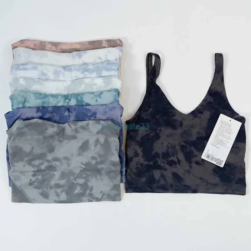 Moda Fitness Colete Tops Yoga Designer Lu-lu Camisoles Tanques Tie Dyed Impresso Yoga Regatas em forma de U Beleza Sutiã traseiro com almofada no peito para Q4L0