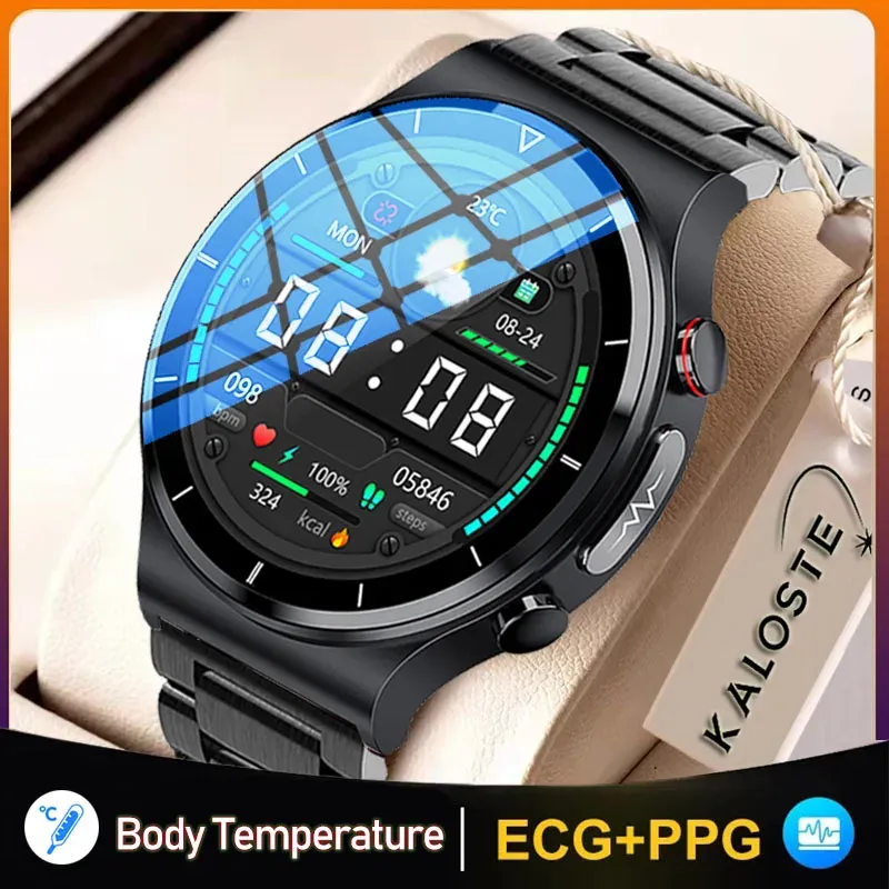 Montres Santé Montre Intelligente Hommes ECG + PPG Température Corporelle Pression Artérielle Fréquence Cardiaque IP68 Étanche Chargeur sans Fil Smartwatch 360 * 360 HD