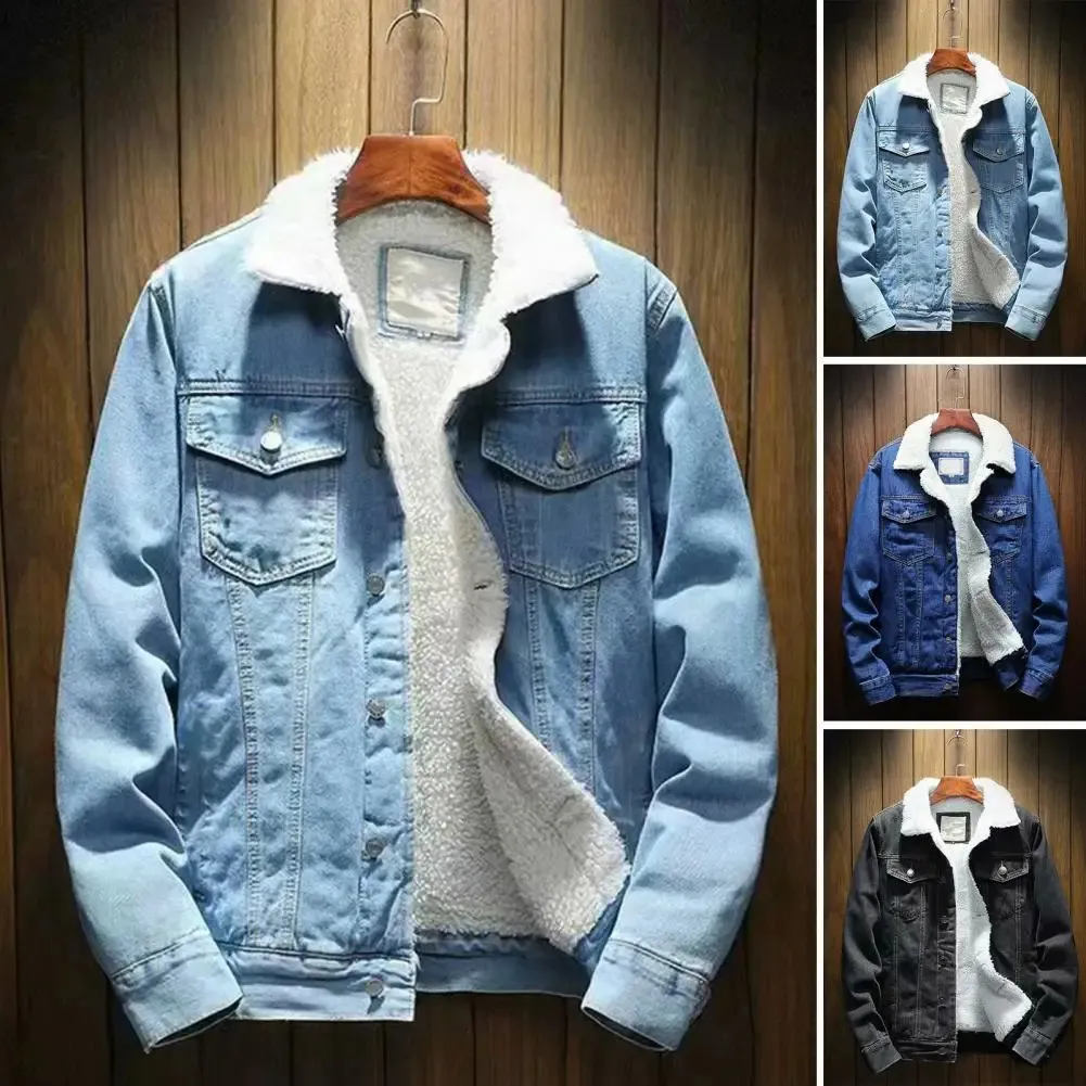 Homens jaqueta jeans engrossar cordeiro cashmere forro cor sólida à prova de frio outerwear inverno único breasted denim casaco streetwear 240222