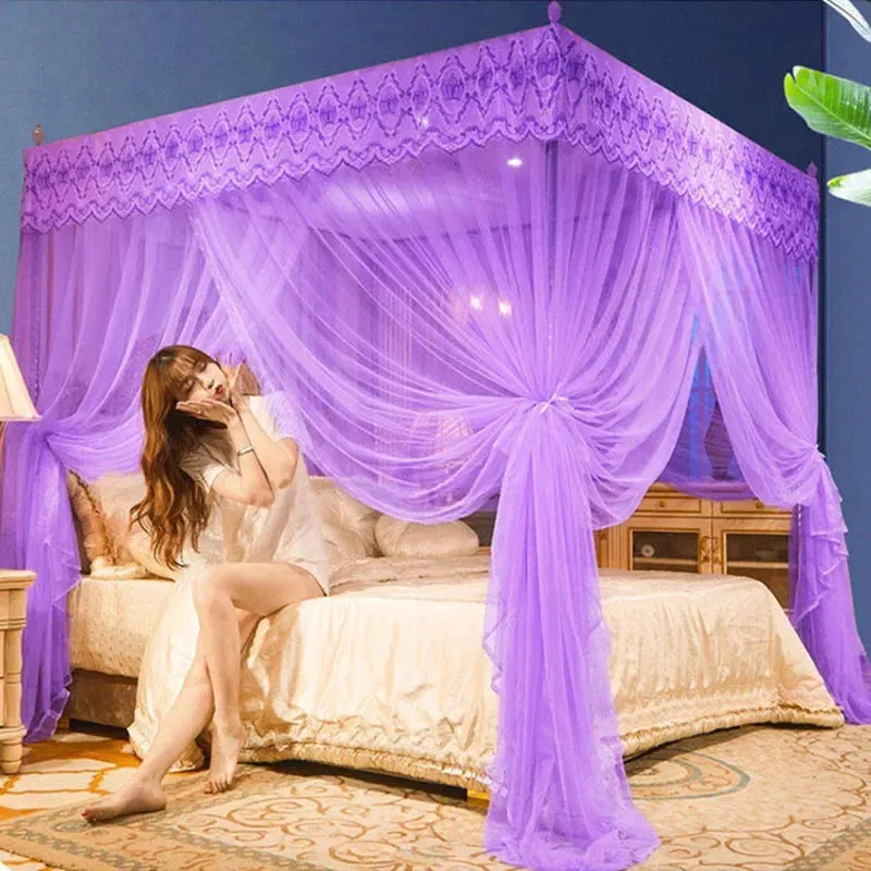 Bordado rendas plissado mosquiteiro para cama quadrado romântico princesa rainha tamanho cama de casal dossel luxo mosquito tenda malha 240228