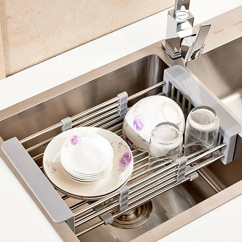 Stainless Steel Sink Rack Telescopic Drain Basket Dishes Drying Multifunction vegetable Rack Kitchen Organizer 240227