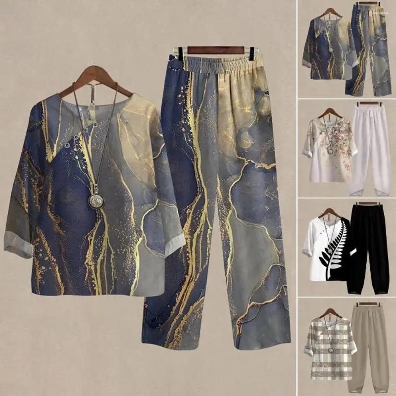 Zweiteilige Damenhose, leichter Damen-Anzug, T-Shirt mit Blumendruck, Harems-Set für Frühling und Sommer, lässiges, lockeres Oberteil mit elastischer Taille, O-Ausschnitt