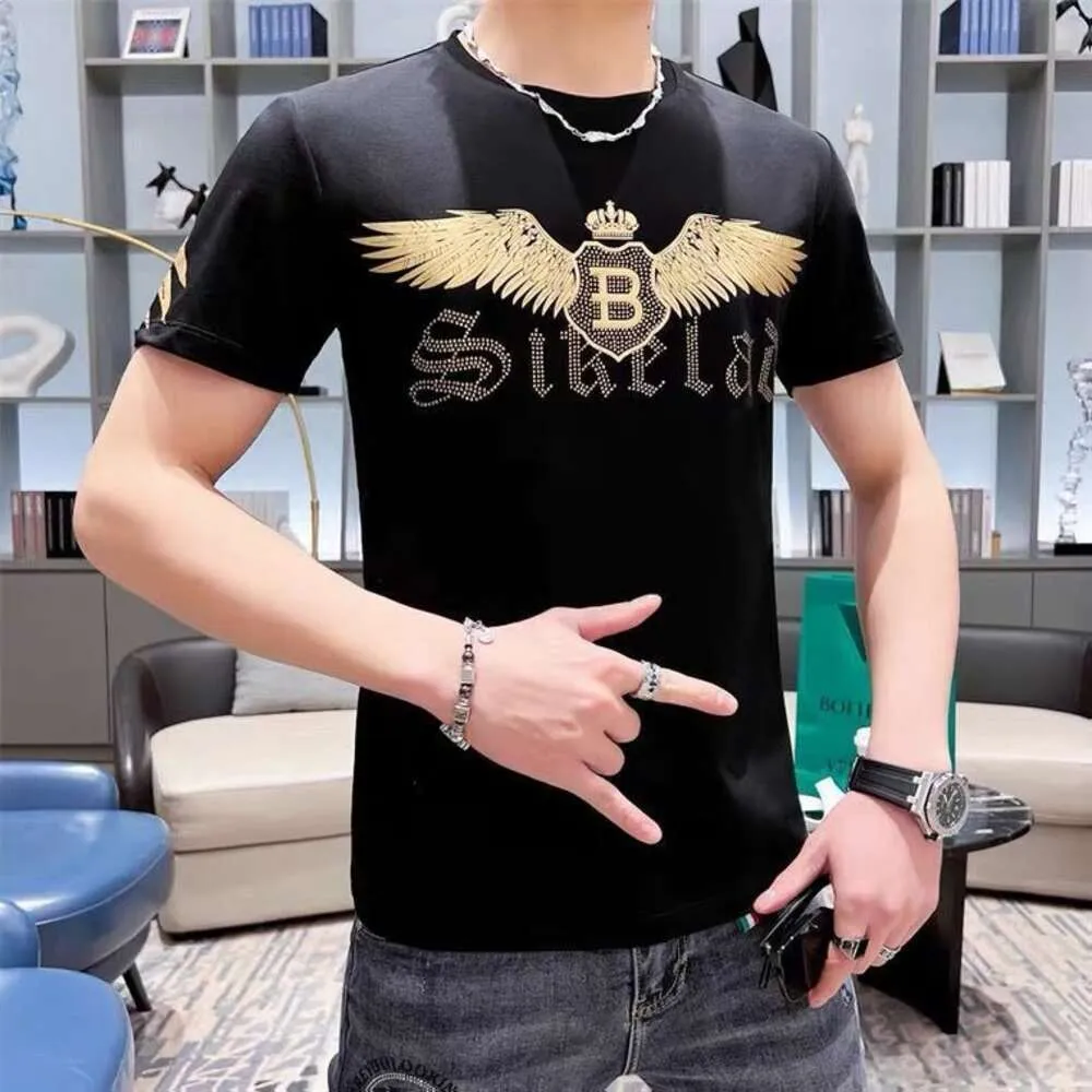 European Station Summer New Men's Trendy T-shirt Slim Fit Personalized Wings Printed Hot Diamond Half Sleeve Thin Short Sleeve Men's