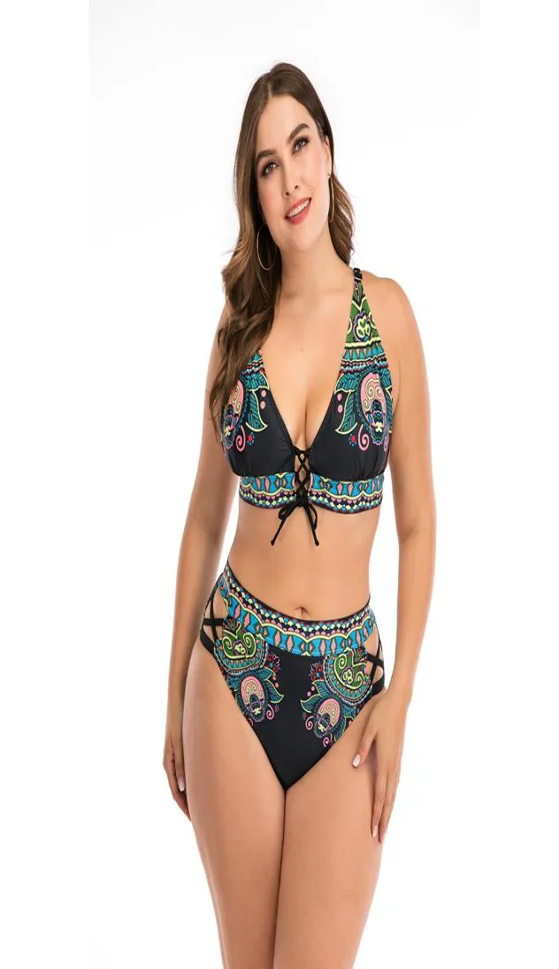 2020 Print plus size Bikini Set Women High midja Swimsuit 4xl Fat Feminine Big Bh Two Piece Bikini Push Up Beach Wear för 100 kg9915090