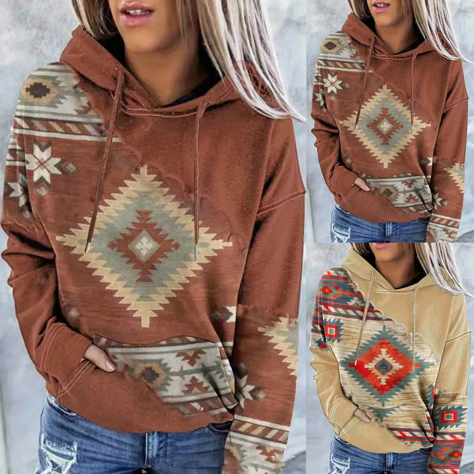 Pullover con cappuccio da donna in stile etnico occidentale con stampa casual geometrica con cavallo, manica lunga, felpa con coulisse 240223