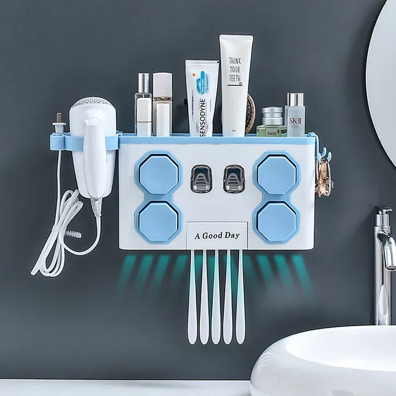 Holders Aufbewahrungsbox-Set für Badezimmerzubehör mit Zahnbecher, automatischem Zahnpastaspender und wandmontiertem Zahnbürstenhalter