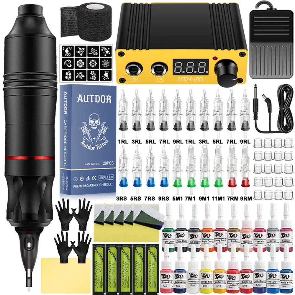 KITS Professional Tattoo Machine Kit Strett Carttoo Tattoo Pen Kit Power Edele Ink DC Rotary Tattoo Gun Supplies Supplies