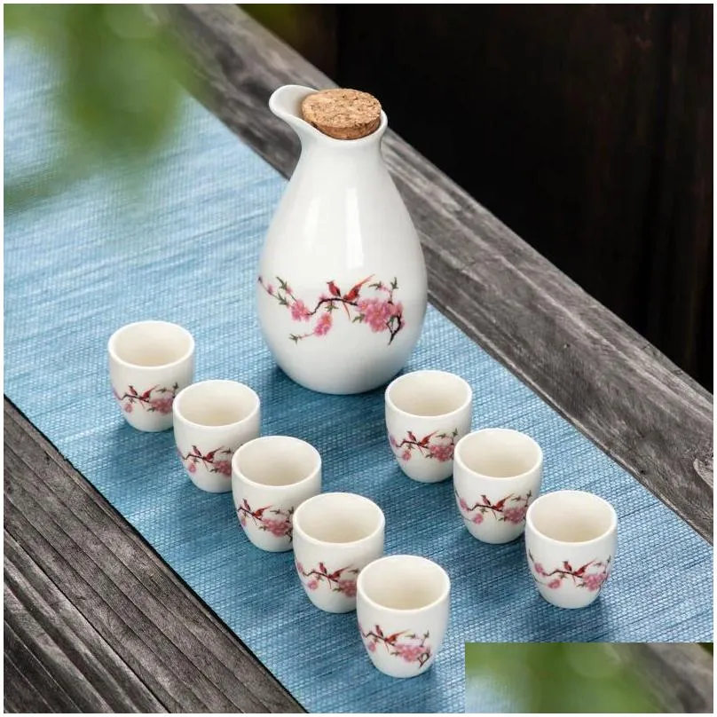 Vinglasögon japansk stil set Sake Cup Ceramic Jug Dispenser Decanter Small Glass One Mouth 231114 Drop Delivery Dhdl2