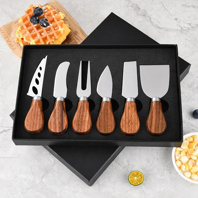piece Exquisite Cheese Knife Gift Set Rubber Wood Handle Stainless Steel Slicer Butter Cutter Collection 240226