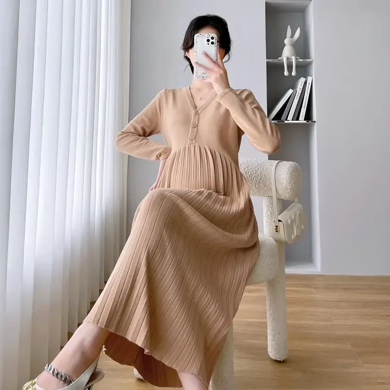 Kleider Herbst Koreanische Strick Langarm Hohe Taille Patchwork Plissee Umstandskleid Mode Vneck Kleidung für Schwangere Frauen Schwangerschaft