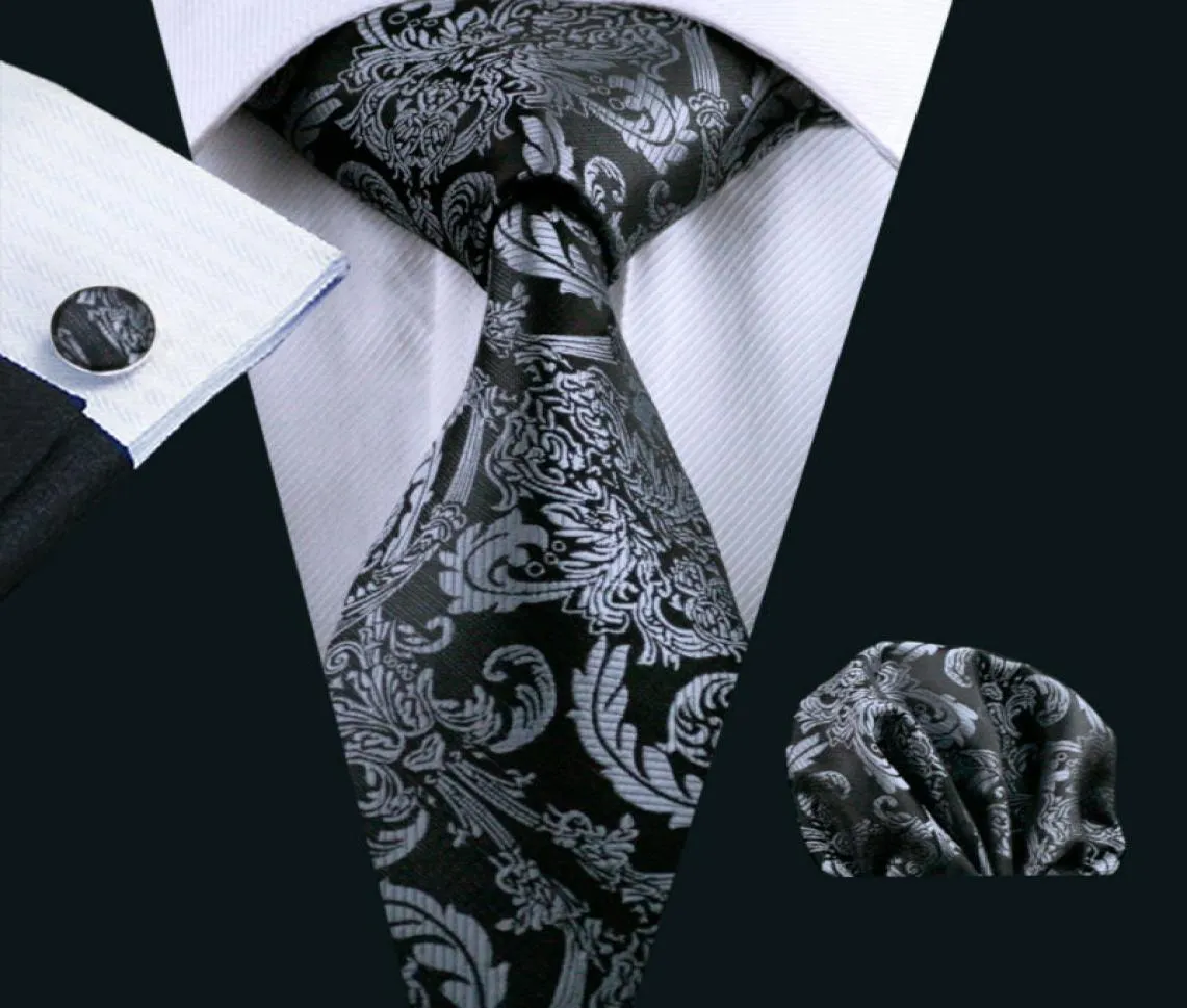 Mens Tie Black Paisley 100 Silk Classic Barrywang Tie Hanky ​​Cufflinks Set for Men Formal Wedding Party Groom Sell1067257