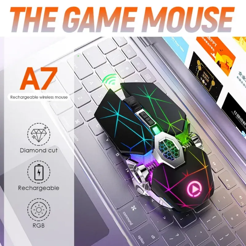 Möss A7 Wireless Gaming Mouse laddningsbara Mute Office Mouse Optical 2.4G USB Ergonomisk 1600DPI LED -bakgrundsbelysta tysta möss för PC -bärbar dator