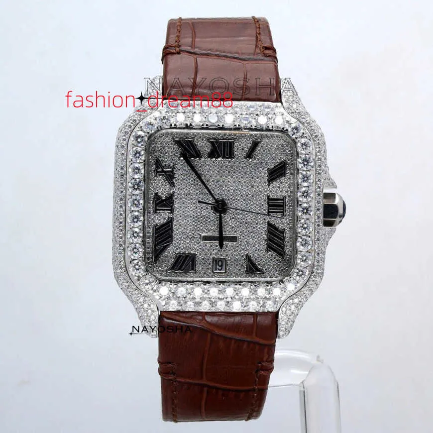 Custom Design Brown Leather Belt Full Iced Buss Down Square Dial VVS Clarity White Moissanite Diamond Men Watch at Factory Price