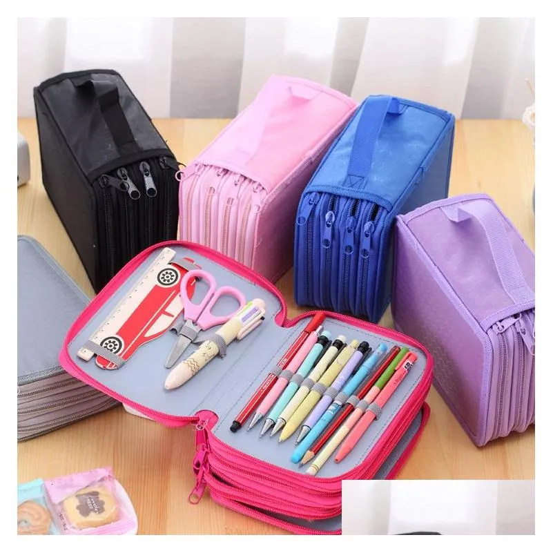 Blyertspåsar grossistpennpåsar 72 innehavare 4 lager bärbara Oxford Canvas School Pencils Case Pouch Brush Pockets Bag Holder Supplie Dhraw