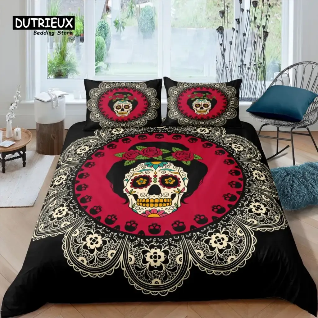 Set Home Living Luxury 3D Sugar Skull Beddengoed Set Floral Dekbed Cover Covercase Queen en King Eu/US/Au/UK Size Dekter Beddengoed Sheer Curtines