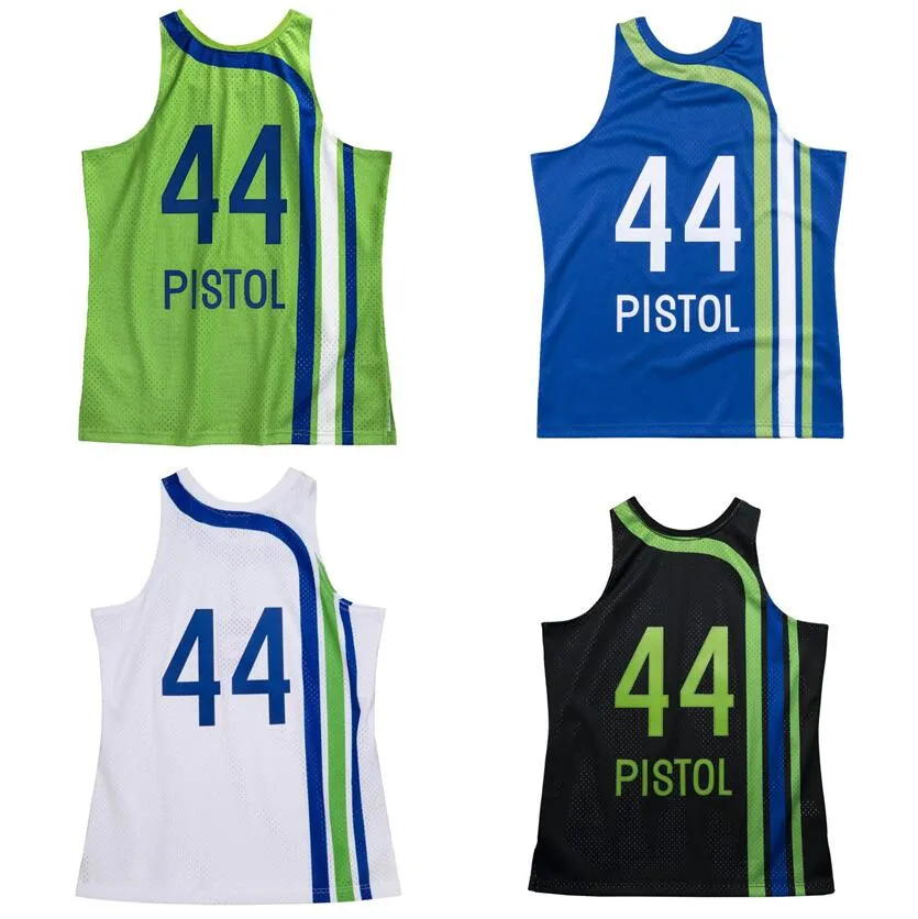 Sömda baskettröjor #44 Pete Maravich Pistoc 1971-72 74-75 Green Blue Mesh Hardwoods Classic Retro Jersey Men Women Youth S-6XL