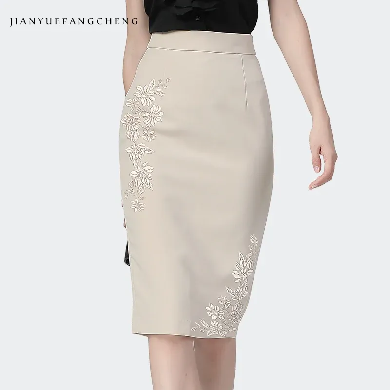 Skirt Fashion Beige Embroidery Ladies Pencil Skirt Summer New MidLength Sexy Elegant Women Office Clothes Back Split One Step Skirts