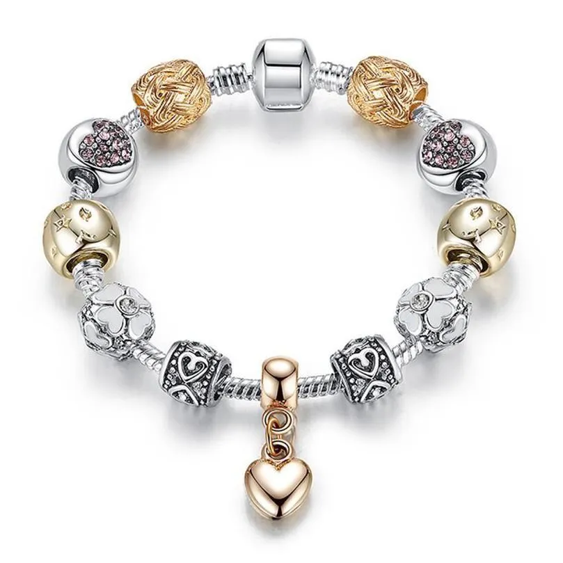 Bracelets de charme Bracelets de charme Sier plaqué or fleur filles Pan Dora Design étoile amour en forme de coeur perles de cristal charmes bracelets Fash Dhxw5