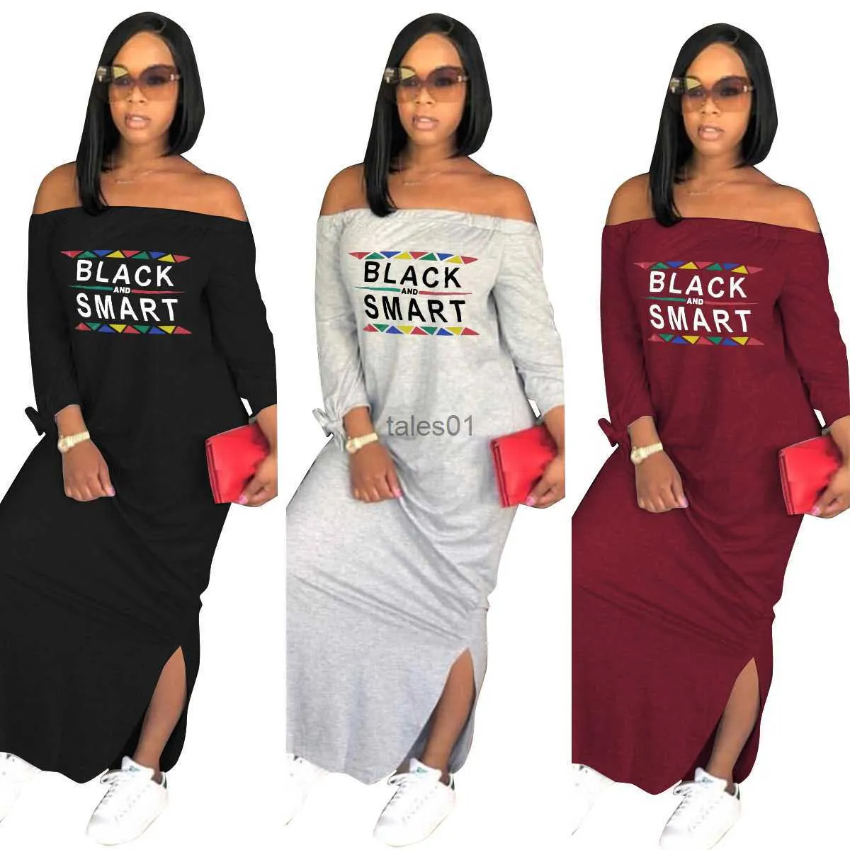 Grundläggande avslappnade klänningar plus storlek Casual Bodycon Women Cold Shoulder Letter Package Hip Sexig Ny snedstreck långärmad split klänningar 240302