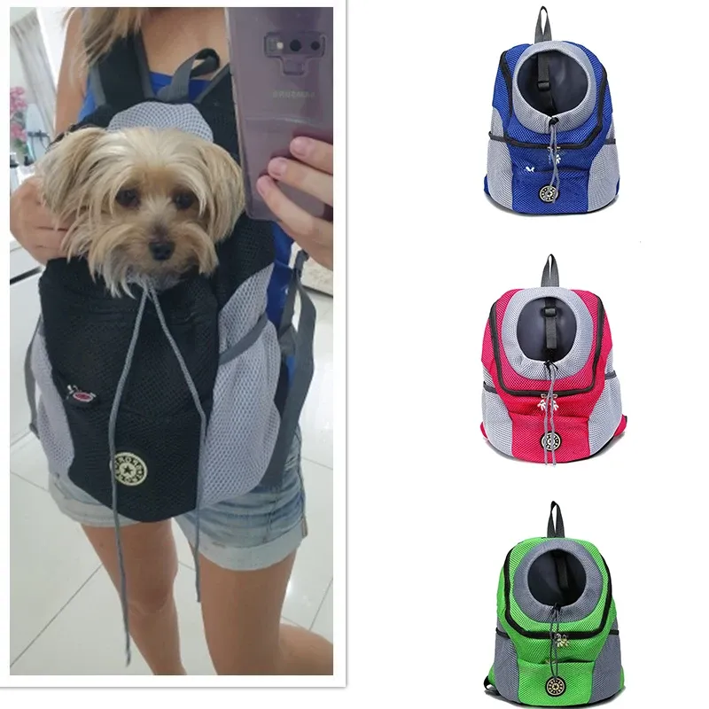 Transportörer Mesh Pet Dog Carrier Bag Out Double Shoulder Portable Travel Ryggsäck Utomhushundar Ryggsäck Pet Dog Front Bag Ryggsäck