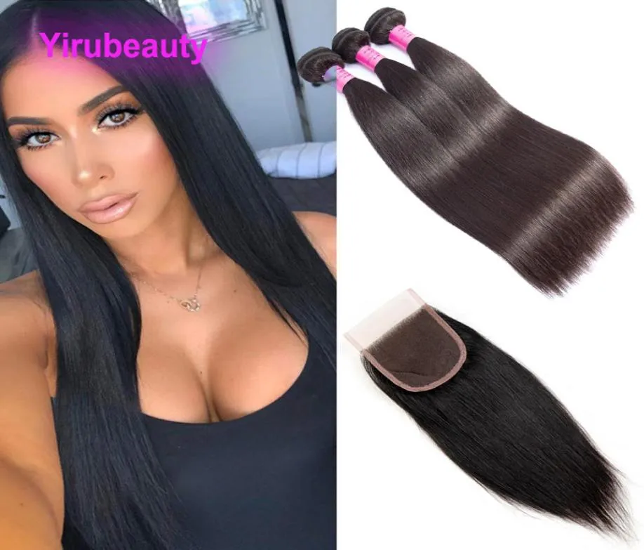 Brazilian Virgin Hair Extensions 3 Bundles With 4X4 Lace Closure Straight Cheap Hair Wefts Lace Closures 1030inch2441536